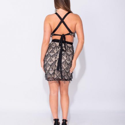 Dangling Sequin Cutaway Waist Tie Back Bodycon Dress