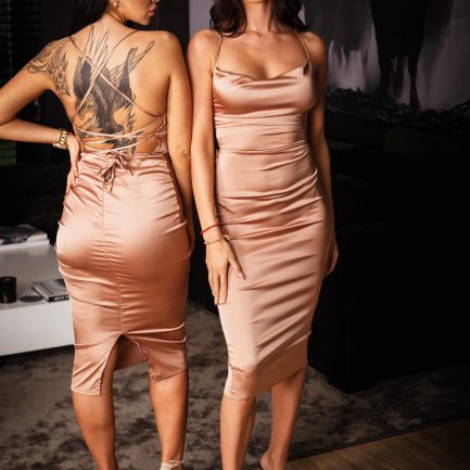 Satin Cowl Neck Tie Up Back Bodycon Midi Dress