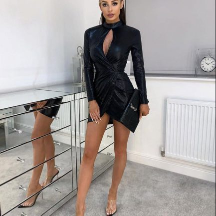 Snake Print Wet Look Cut Out Wrap Front Bodycon Midi Dress