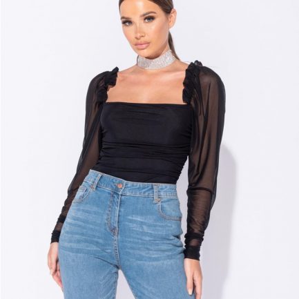 Body stocking with long sleeves in colour black