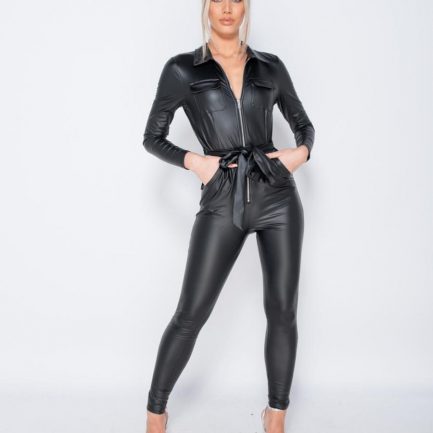 PU Zip Front Long Sleeve Belt Jumpsuit