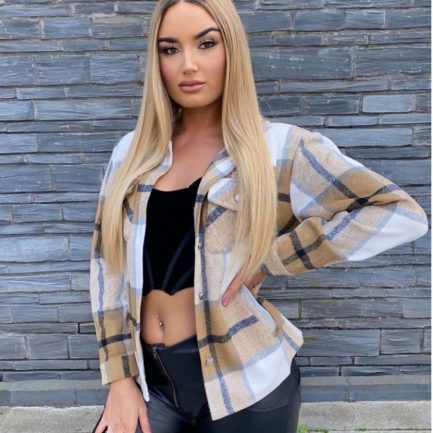 Camel oversized pocket checked shirt jacket