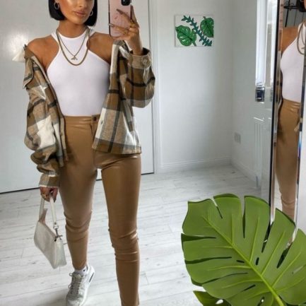 Camel oversized pocket checked shirt jacket