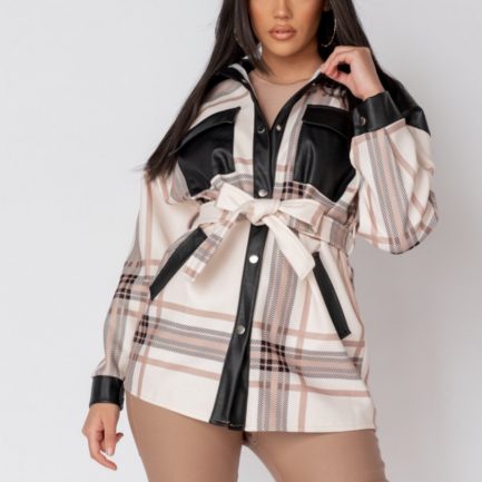 Cream Checked Faux Leather Belted Jacket