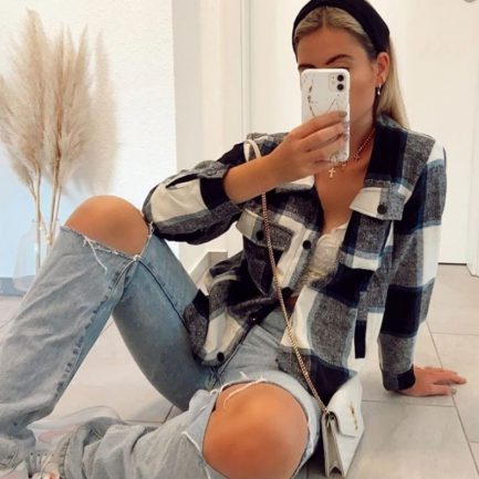 Black & White Brushed Check Button Front Blouse